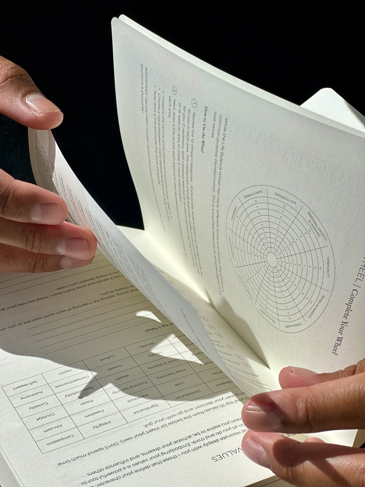 Martin Taupau holding the Not Stationary Performance Planner open to the Wheel of Life page, demonstrating monthly self-reflection and goal-setting tools.