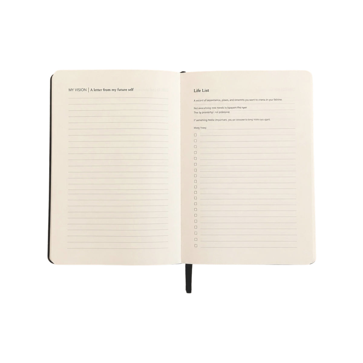 An open notebook showing two cream-colored pages with lined writing areas. The left page has the heading 'MY VISION | A letter from my future self,' and the right page has 'Life List' with checkboxes and a short paragraph of text.