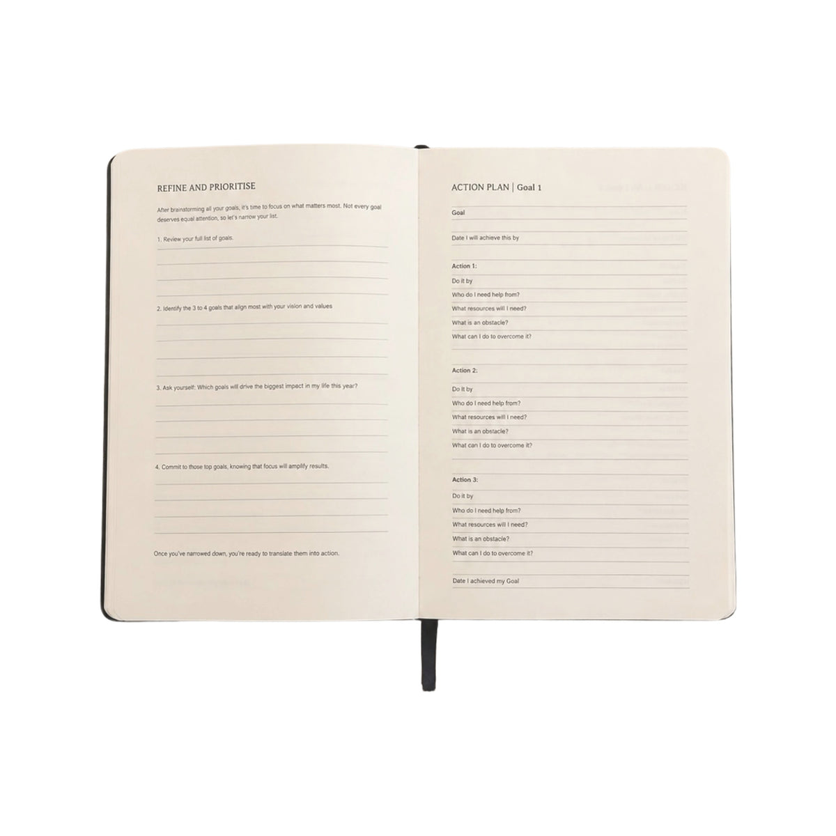 An open notebook showing two printed interior pages with writing guides titled 'REFINE AND PREPARE' and 'ACTION PLAN | Goal 1,' photographed on a plain white background.