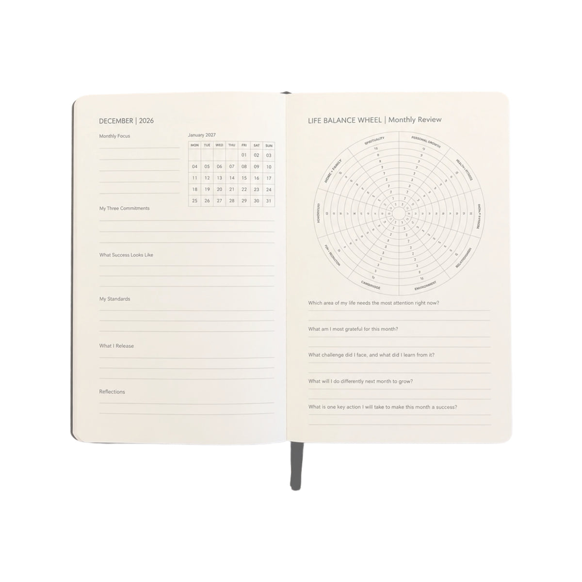 An open cream-colored planner or journal showing two interior pages: a monthly calendar and a life balance wheel with reflection prompts, photographed on a plain white background.