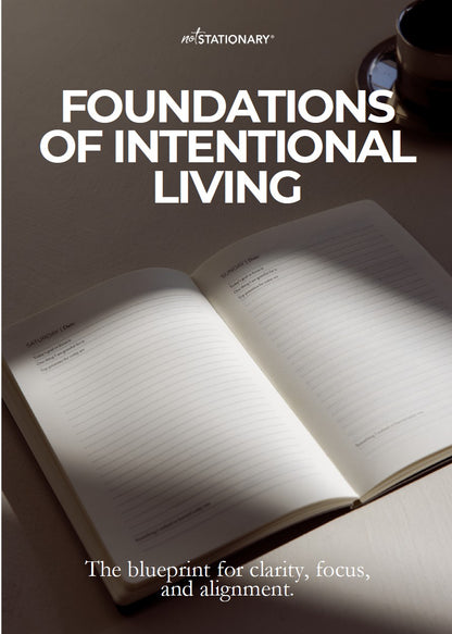 Open book with a cup of coffee on a wooden surface, featuring text about foundations of intentional living.