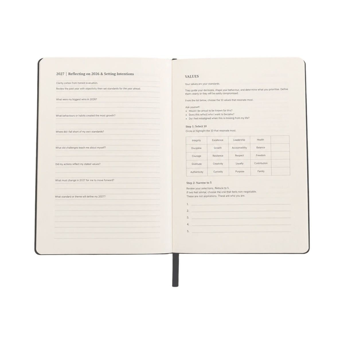 An open hardcover journal showing two interior pages with printed reflection prompts and a values chart, photographed on a plain white background.