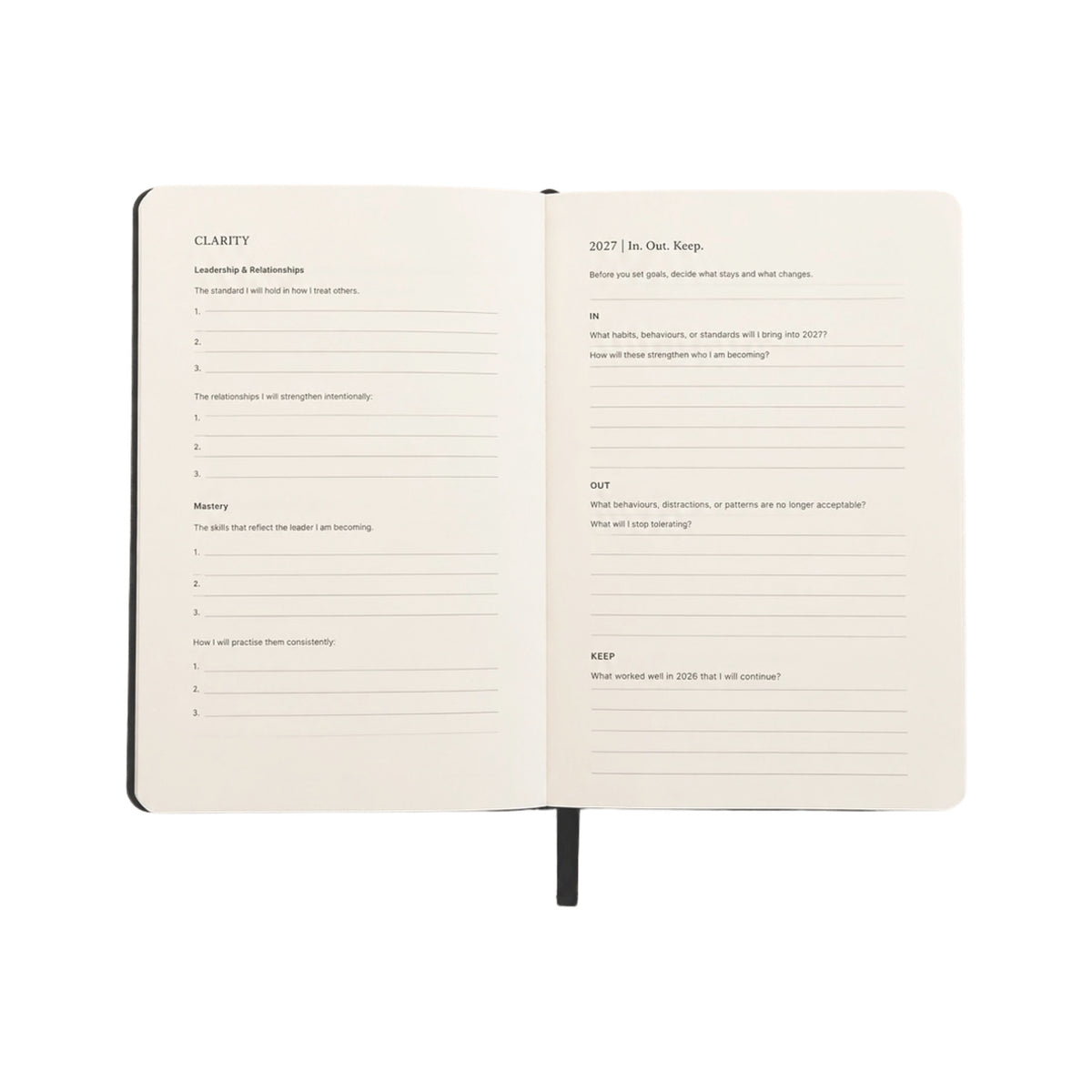An open notebook or planner showing two cream-colored interior pages with printed reflection prompts and lined writing areas, photographed on a plain white background.