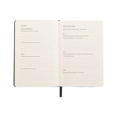 An open notebook or planner showing two cream-colored interior pages with printed reflection prompts and lined writing areas, photographed on a plain white background.