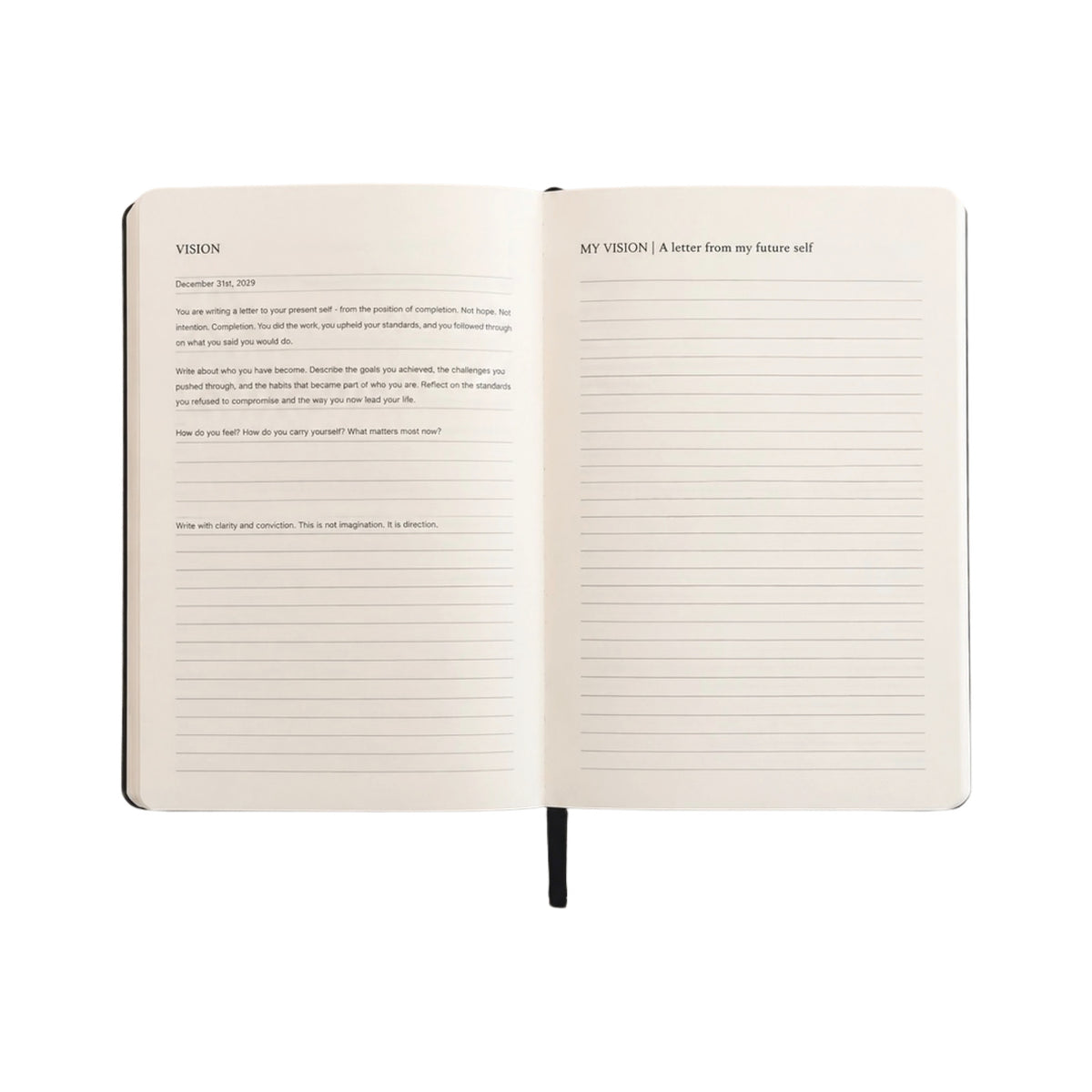 An open notebook showing two cream-colored pages with lined writing space and printed headings, with a black ribbon bookmark hanging from the bottom center on a plain white background.