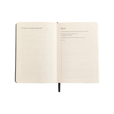 An open notebook showing two cream-colored pages with lined writing areas. The left page has the heading 'MY VISION | A letter from my future self,' and the right page has 'Life List' with checkboxes and a short paragraph of text.