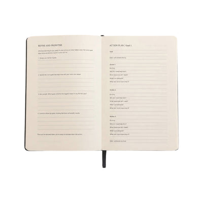 An open notebook showing two printed interior pages with writing guides titled 'REFINE AND PREPARE' and 'ACTION PLAN | Goal 1,' photographed on a plain white background.