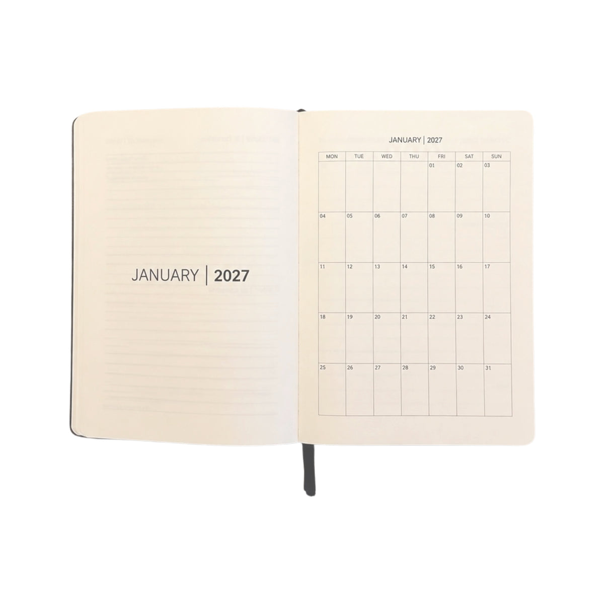 An open planner or notebook showing January 2027 on both the lined left page and the calendar grid right page, photographed on a clean white background.