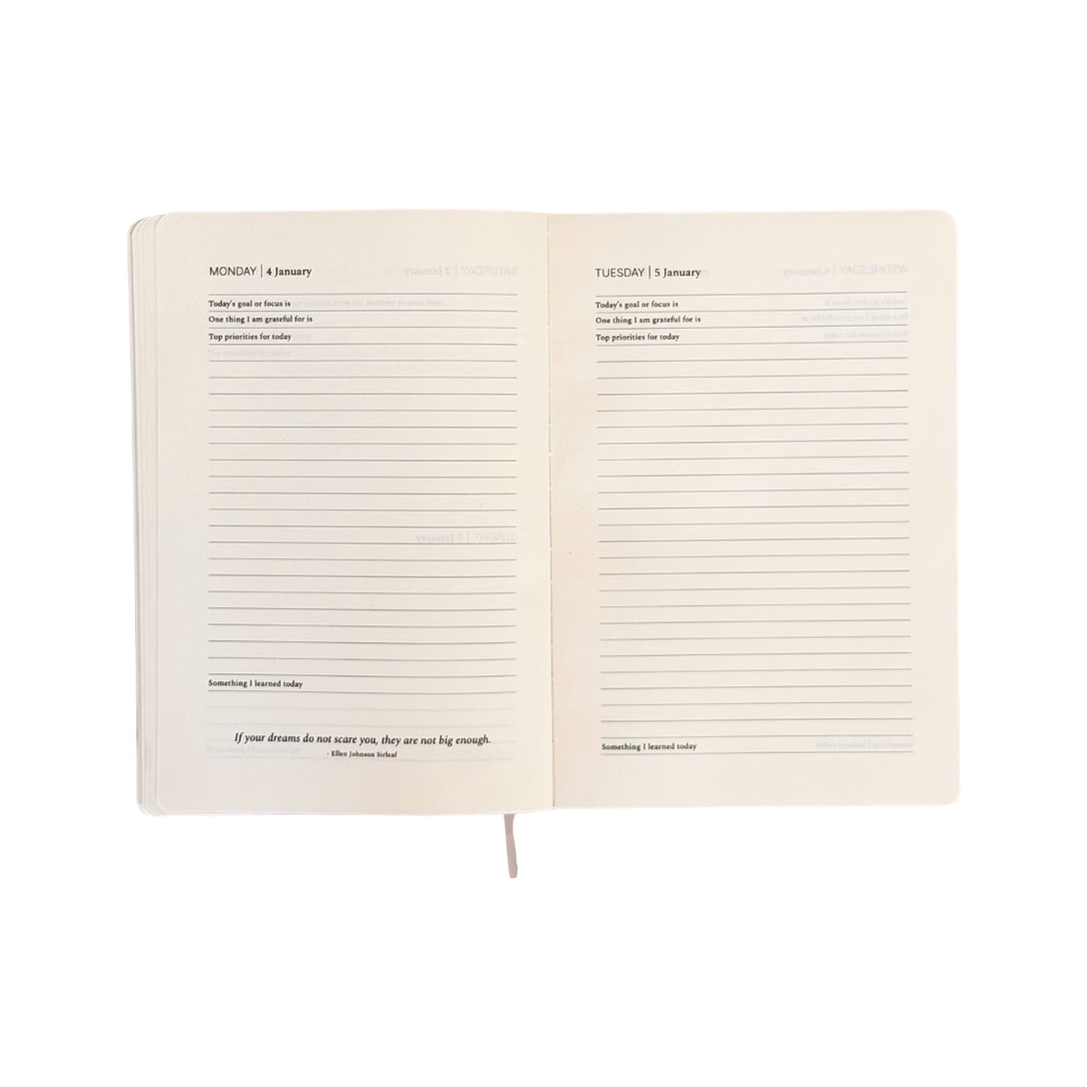 2027 Performance Planner daily pages for Monday 4 January and Tuesday 5 January, each with guided prompts: Today's goal or focus is, One thing I am grateful for is, Top priorities for today and Something I learned today, plus an Ellen Johnson Sirleaf quote.
