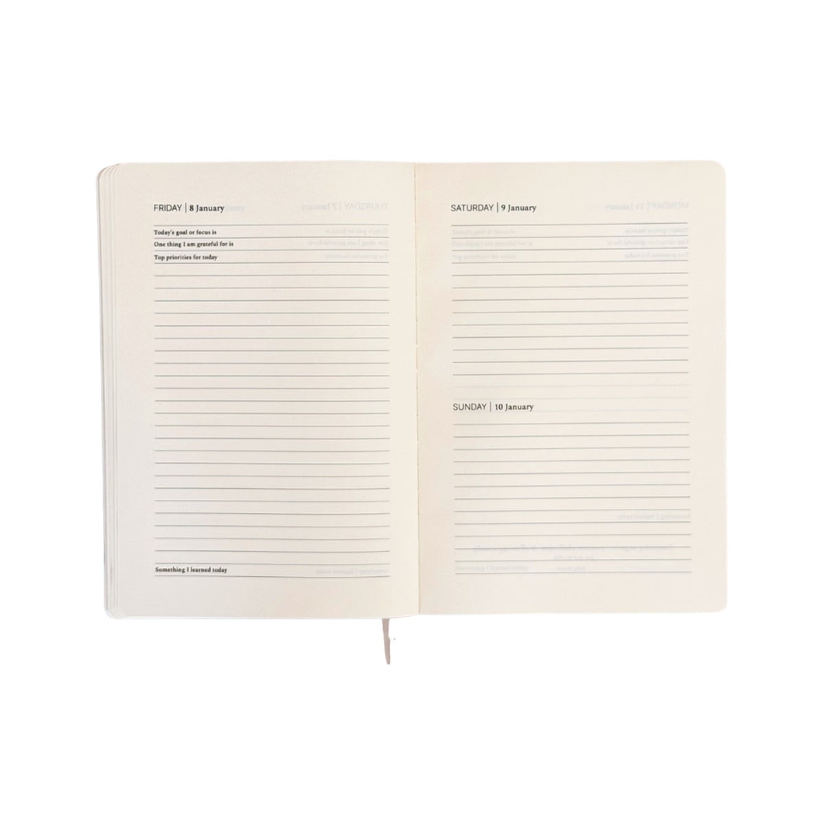 2027 Performance Planner daily pages. Friday 8 January with guided prompts: Today's goal or focus is, One thing I am grateful for is, Top priorities for today and Something I learned today. Saturday 9 January and Sunday 10 January share the facing page with lined space.