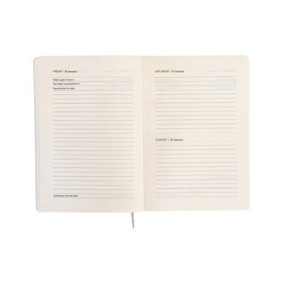 2027 Performance Planner daily pages. Friday 8 January with guided prompts: Today's goal or focus is, One thing I am grateful for is, Top priorities for today and Something I learned today. Saturday 9 January and Sunday 10 January share the facing page with lined space.